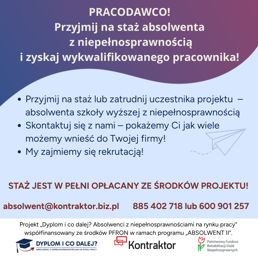 Projekt „Dyplom i co dalej? Absolwenci z niepełnosprawnościami na rynku pracy” współfinansowany ze środków PFRON w ramach programu „ABSOLWENT II”
